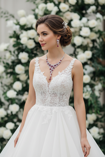 White wedding dress with pink and clear rhinestone necklace and matching drop earrings