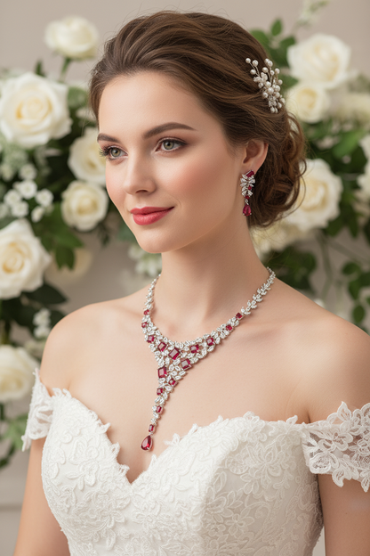 White lace wedding dress with red and clear rhinestone necklace and matching drop earrings