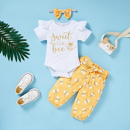 Infant Baby Girl Sweet Bee Outfits Letter Print Romper Honey Bees Pants Bowknot Headband Clothes Set