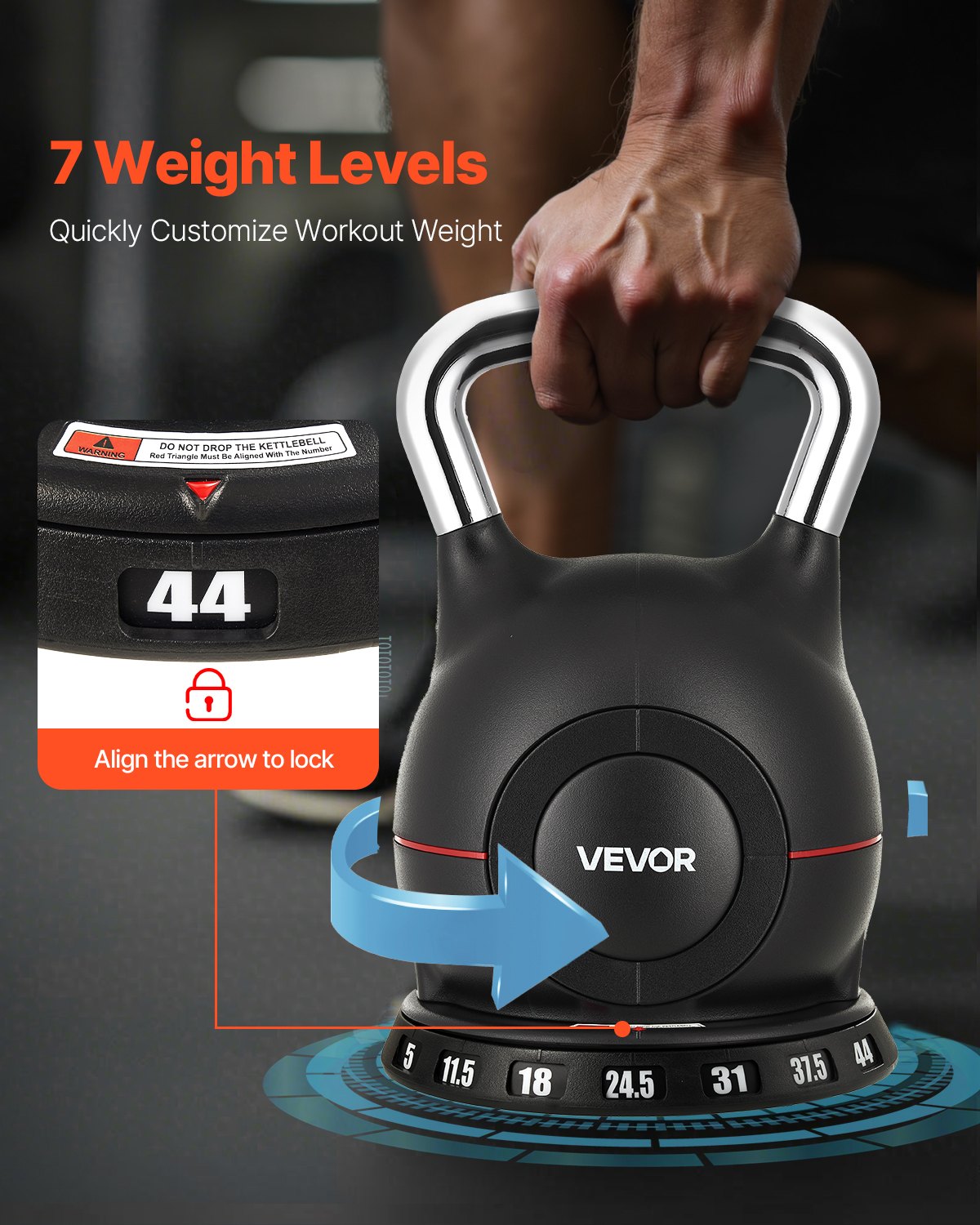 Black adjustable kettlebell with silver handle and round weight selector dial