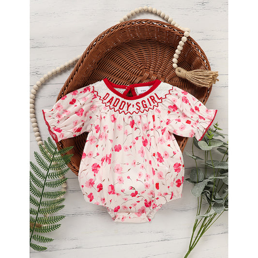 Infant Floral Smocked Romper 'DADDY'S Girl' Embroidery Short Sleeve Crew Neck Adorable Princess Party Bodysuit