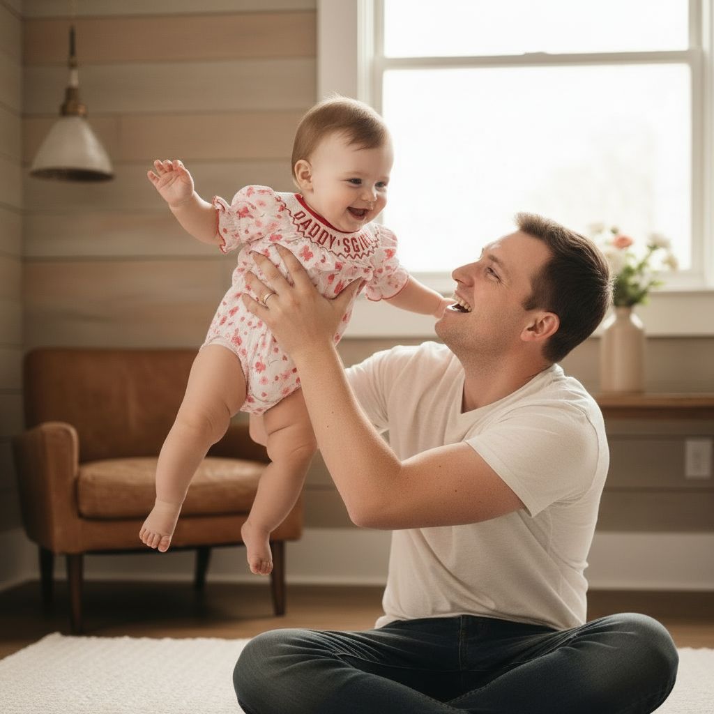 Infant Floral Smocked Romper 'DADDY'S Girl' Embroidery Short Sleeve Crew Neck Adorable Princess Party Bodysuit