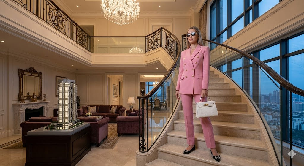Pink women's suit blazer with lapels and matching slim trousers, holding handbag.