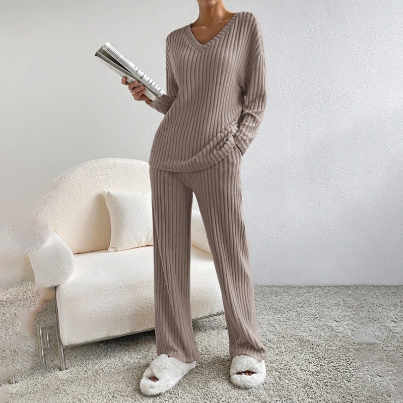 Women's 2-Piece Set Solid Color V-Neck Long Sleeve Top & Straight Leg Pants, Ribbed Texture Outfit
