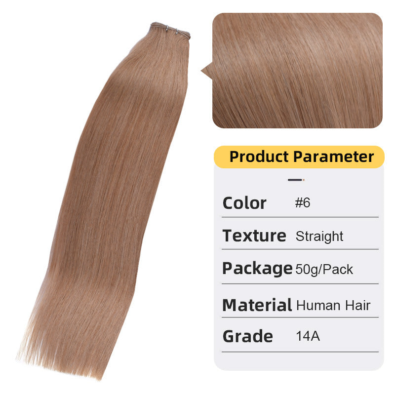 Straight real hair extension weft, light brown hair with stitched top