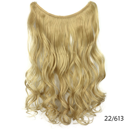 Womens seamless hair extension wig set, wavy blonde with lighter streaks and top band.