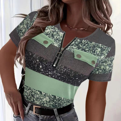 Women's Color Block Zipper T-Shirt, Casual Short Sleeve Summer Top