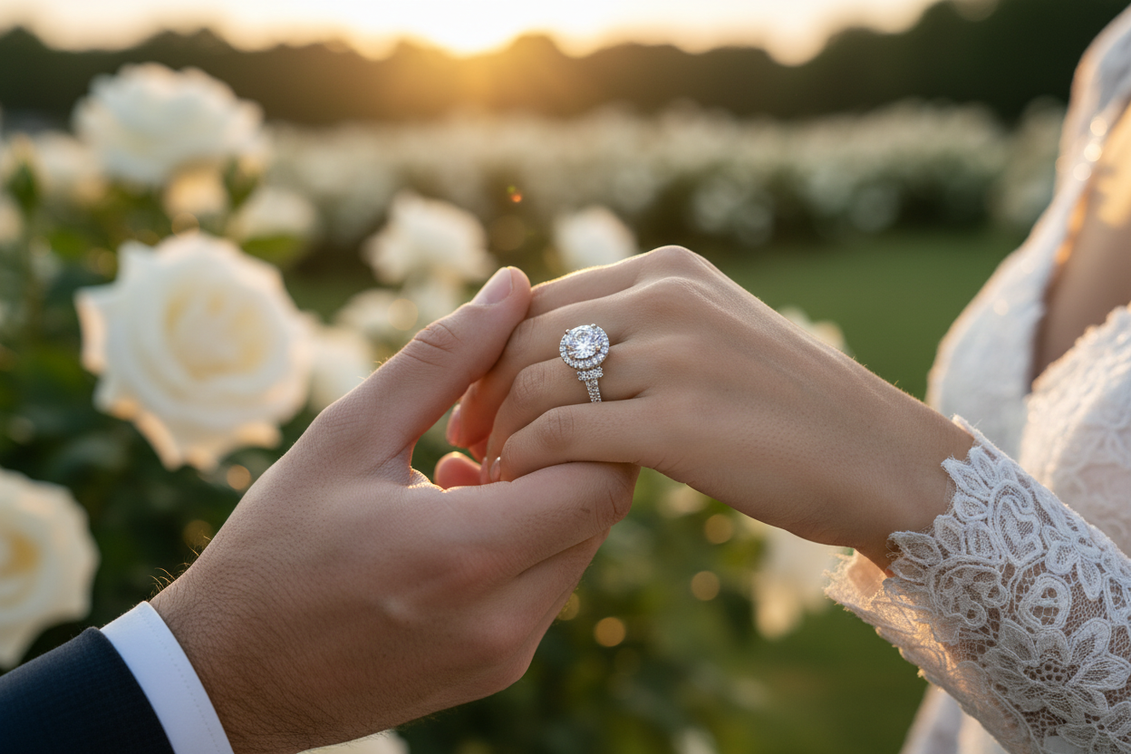 Sterling silver halo diamond ring with round center stone on hands outdoors