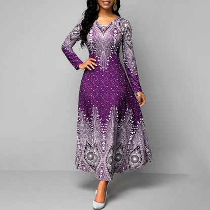 Women's Plus Size Elegant V-Neck Long Sleeve A-Line With Starry Sky Print, Slim-Fit Flowy Maxi Dress