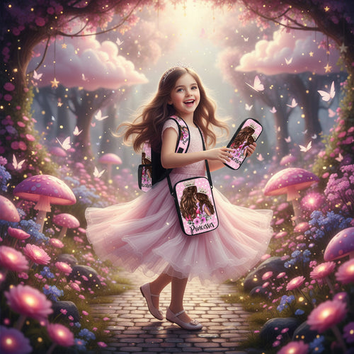 Three-piece printed student backpack set with pink girl graphics and black trim