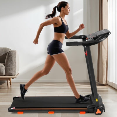 Black folding treadmill with cushioned running belt for home walking or running.