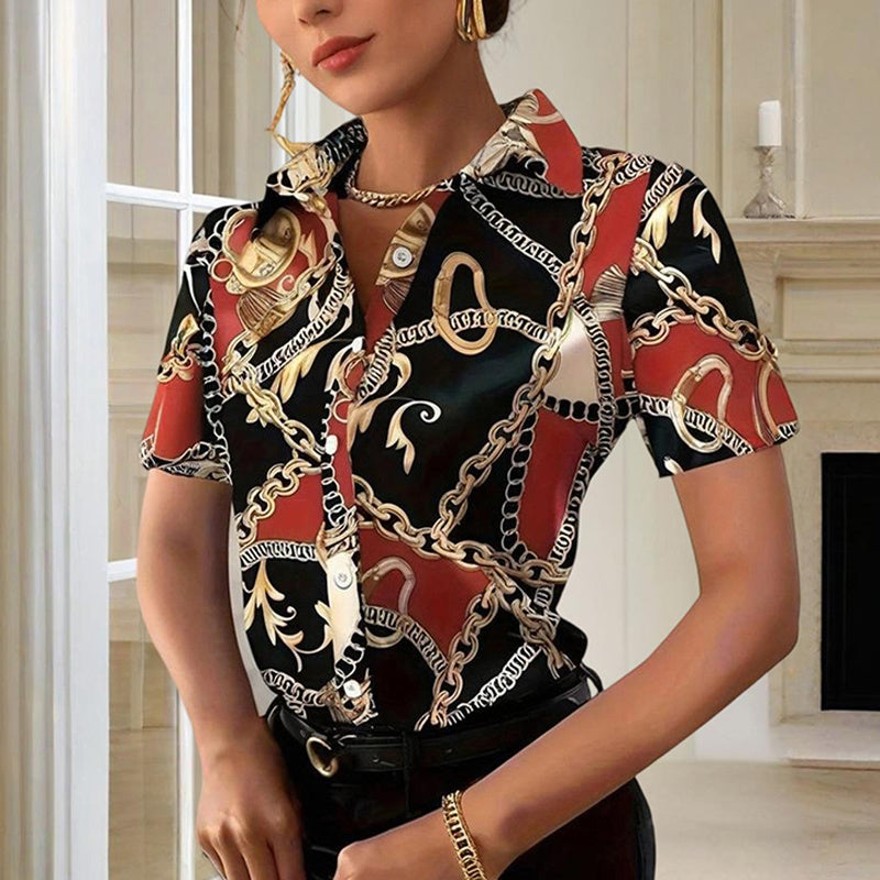 Women's Lapel Collar Short Sleeve Shirt - Chain Print Design, Button-Up Casual Top Comfortable Wear