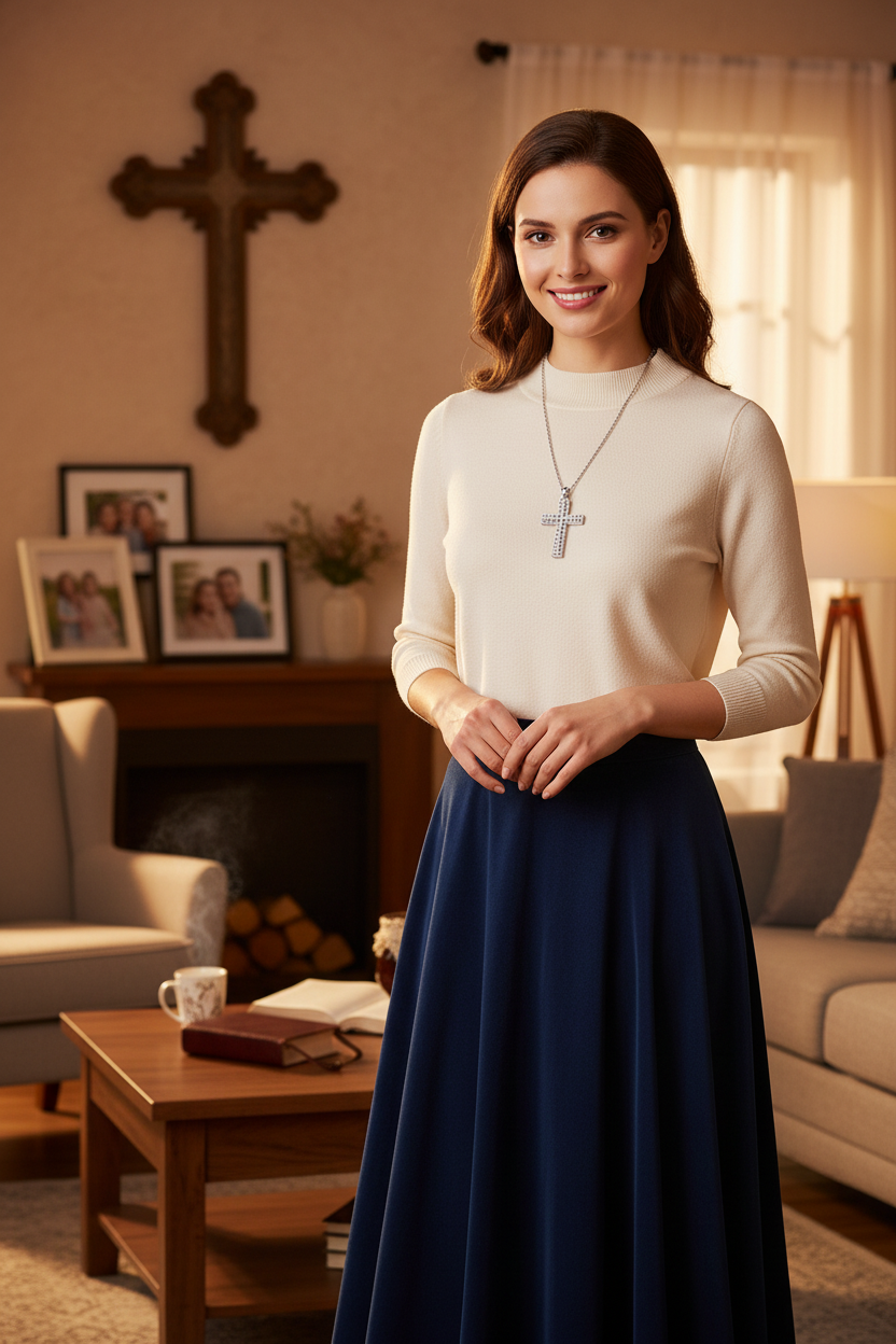 Silver cross pendant necklace on a fine chain, centered on a white dress