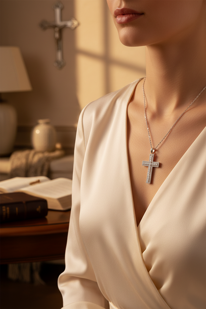 Silver cross pendant necklace with thin chain and small pave cross pendant