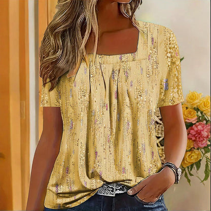Women's Casual Square Neck Glitter T-Shirt - Sparkling Short Sleeve Top With Printed Design, Vibrant Fashion Tee