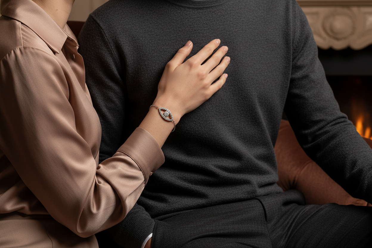 Silver bracelet with heart-shaped pavé charm on a wrist