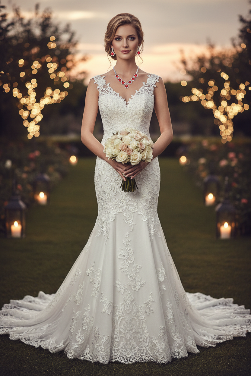 Bride diamond fashion necklace set with red teardrop stones, worn on wedding dress