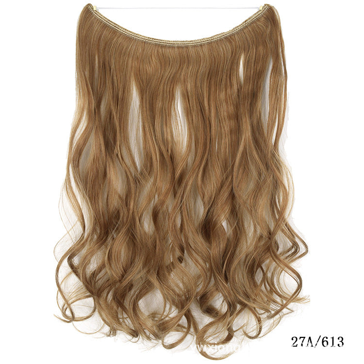 Womens seamless hair extension wig set, light brown hair with blonde streaks and top band.