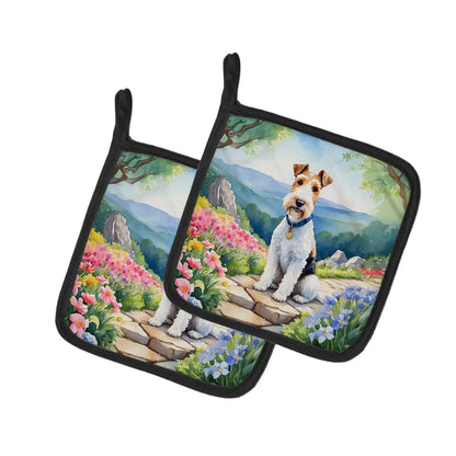 Fox Terrier Spring Path Pair of Pot Holders