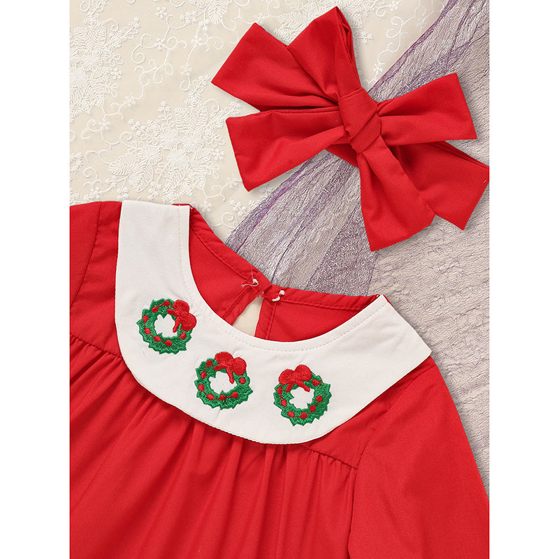 Toddler Kids Baby Girls Christmas Dress Wreath Embroidered Party Dresses With Headband