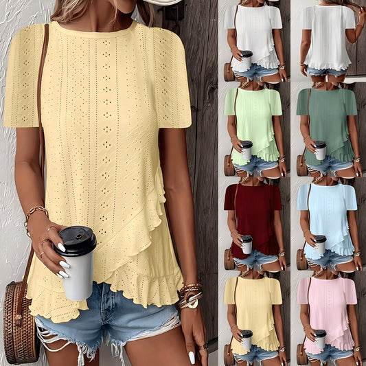 Women's Ruffle Hem Short Sleeve T-Shirt Casual Summer Crew Neck Blouses Top