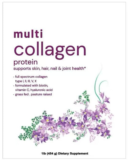 Collagen peptide powder bag: flat white pouch with purple "multi collagen" text and bouquet graphic