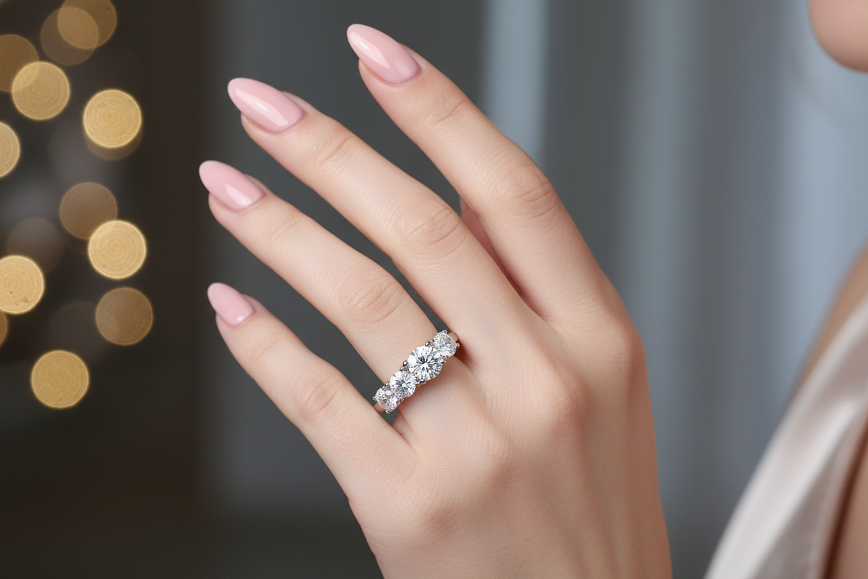Silver moissanite-style three-stone ring with oval center stone and side stones