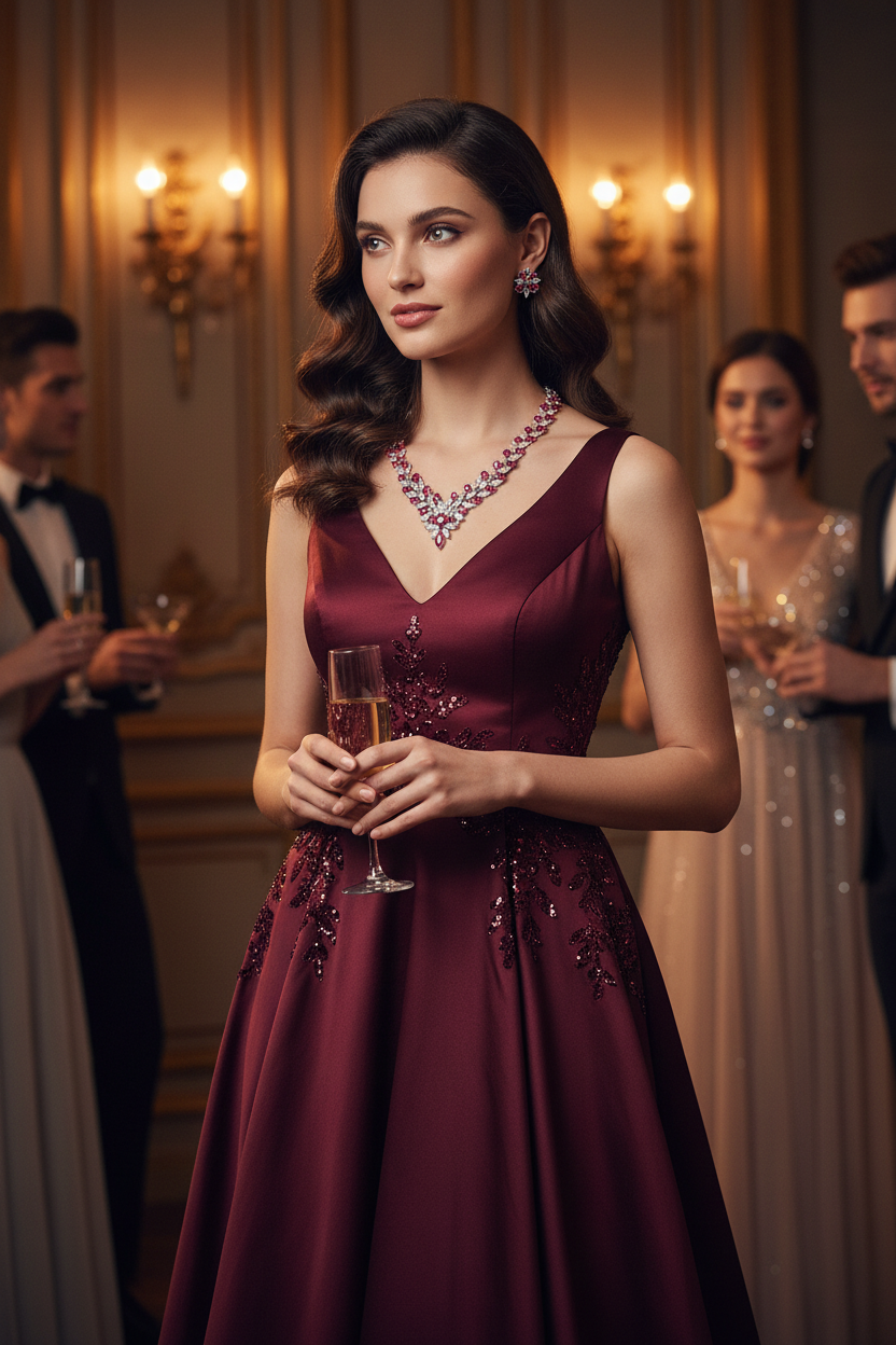 Multicolor zircon necklace with matching earrings, deep red stone centerpiece