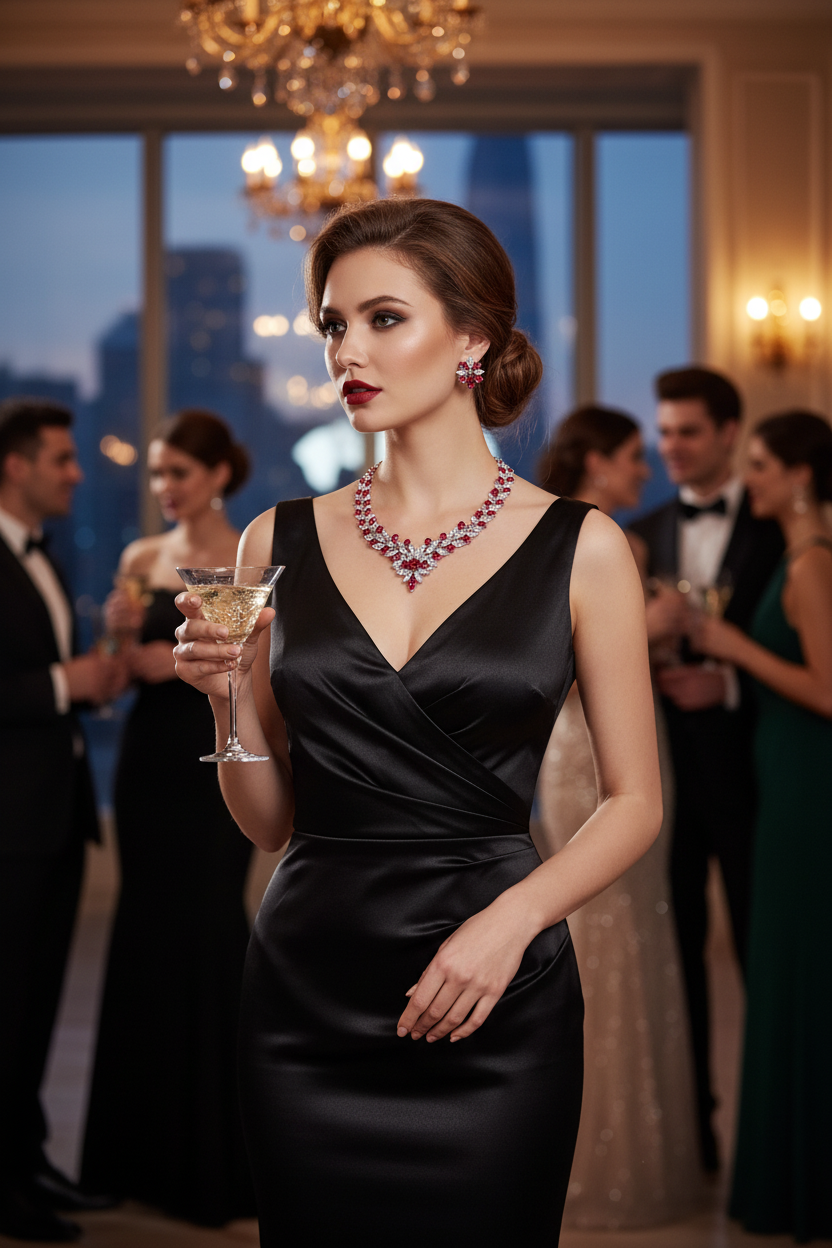 Zircon necklace and earring set with red stones on a dark gown neckline