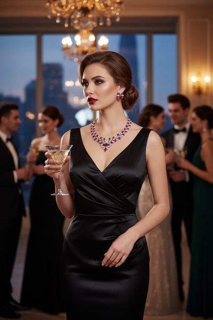 Zircon necklace and earring set with red stones on a dark gown neckline