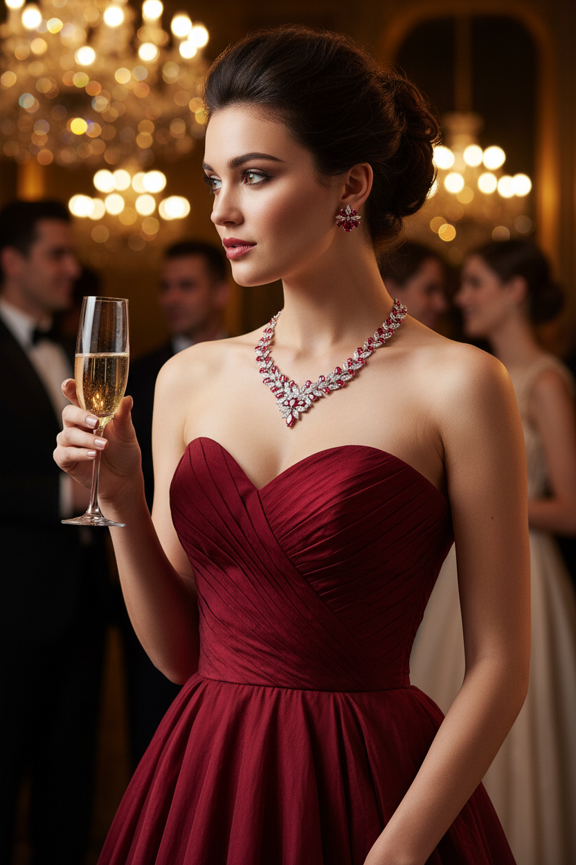 Zircon necklace and earring set with red stones on a red strapless gown