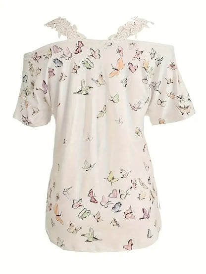 New Butterfly Print V-neck T-shirt Lace Casual Off-the-shoulder Short-sleeved Top