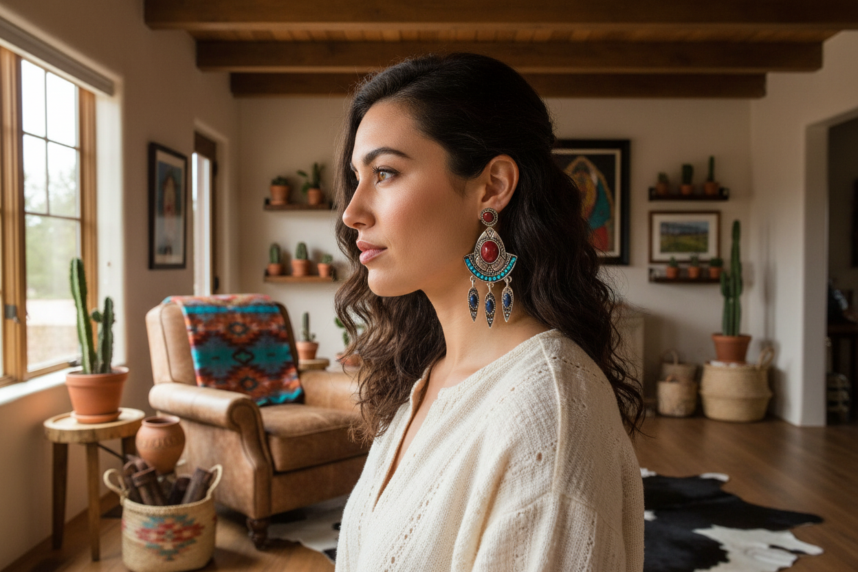 Turquoise alloy tassel long earrings with turquoise center and multi-drop fringe