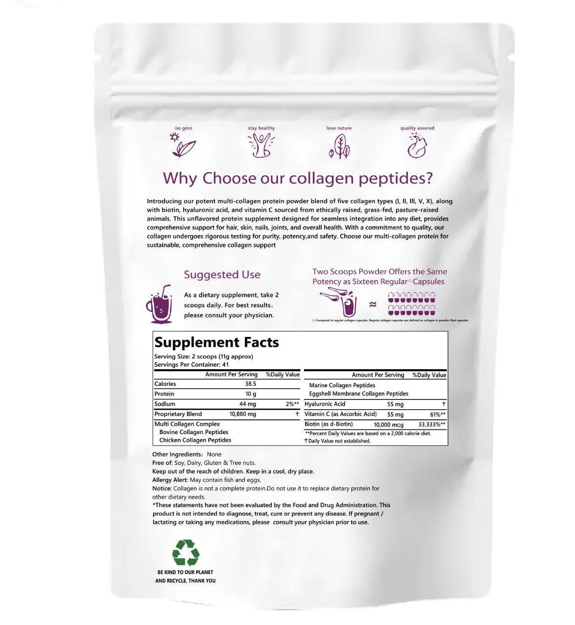 Collagen peptide powder bag: back panel with Supplement Facts table and usage icons