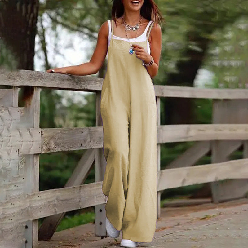 Plus Size Women's Solid Color Casual Jumpsuit - Sleeveless Romper With Pockets
