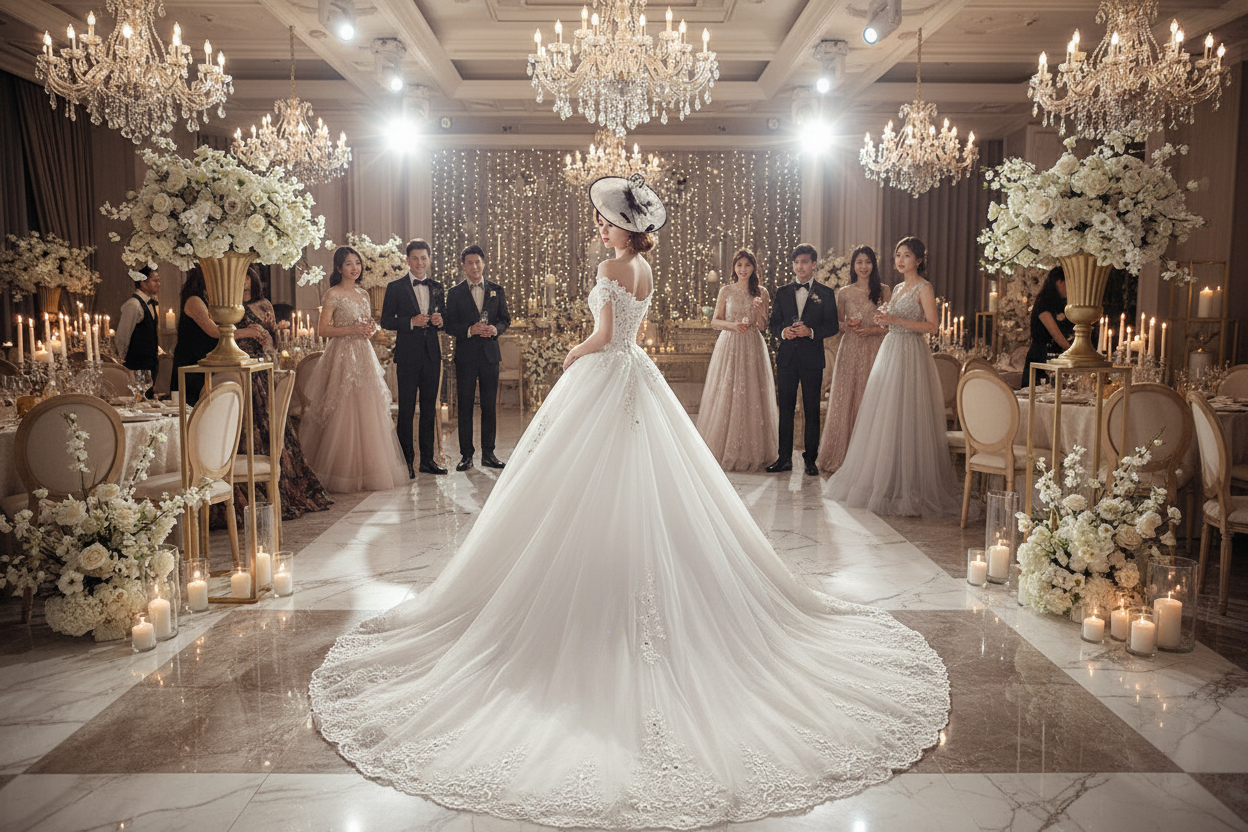 White one-shoulder lace wedding dress with long lace train and veil, full-length
