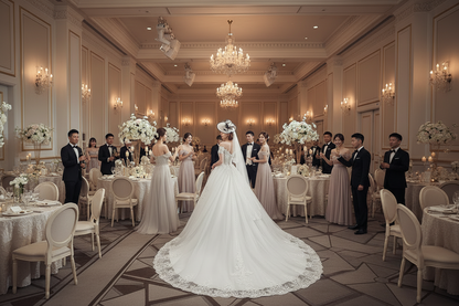 White one-shoulder lace wedding dress with long veil and tiered lace hem, full length