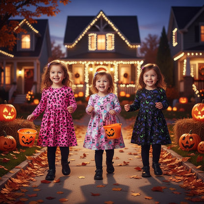 3pcs Toddler Girl's Halloween Skull Ghost Bats Print Stretch Long Sleeve A-line Dresses