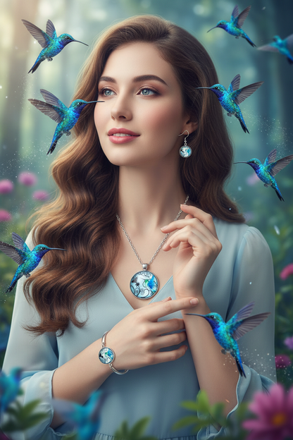 Silver hummingbird glass pendant necklace with round charm, drop earring and cuff bracelet