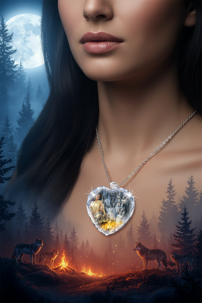 Heart-shaped crystal pendant necklace with wolf scene, silver chain close-up.