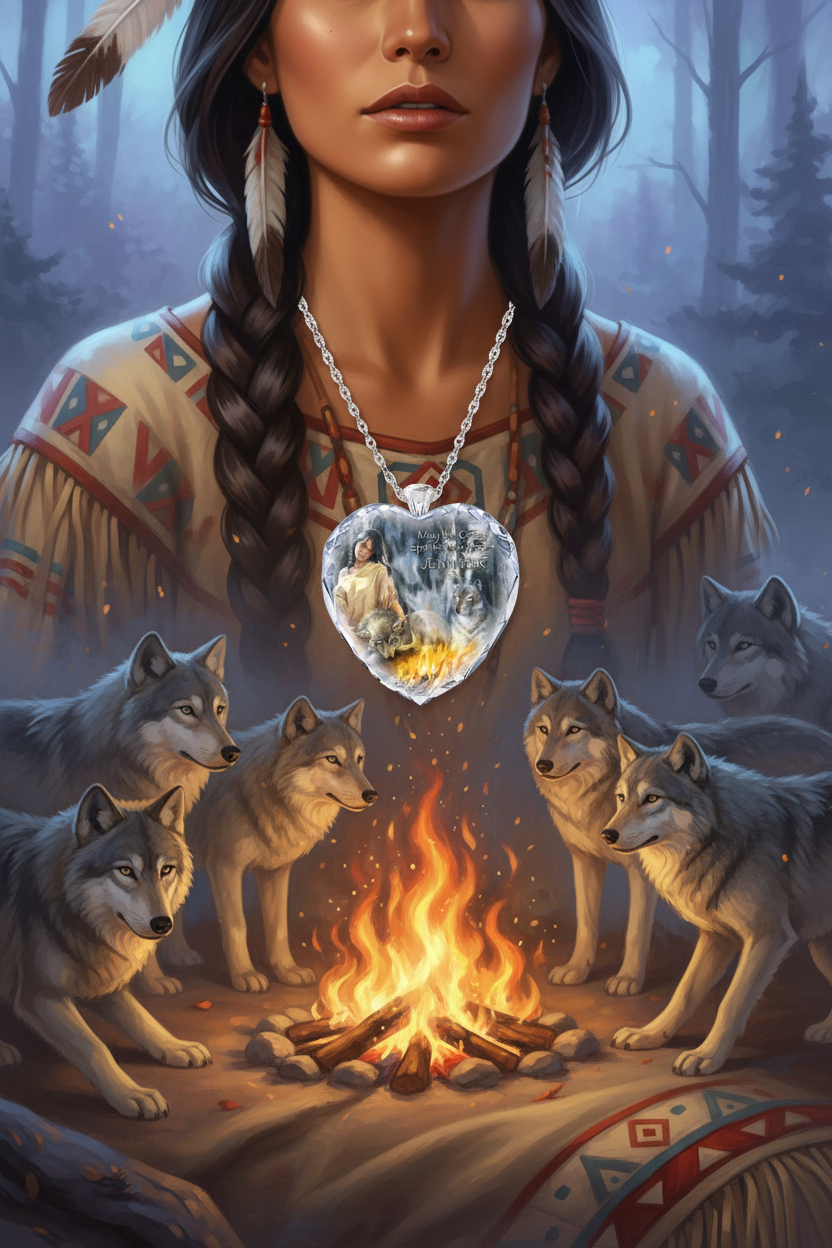 Heart-shaped crystal pendant necklace with wolf scene and fire-like glow in heart charm