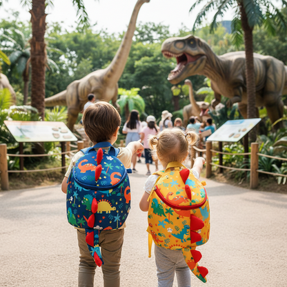 Kids backpacks together: blue with dinosaur print and yellow with dinosaur print