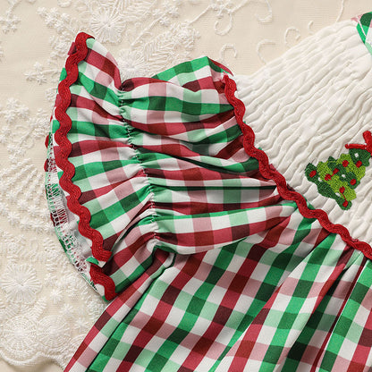 Toddler Infant Baby Girls Short Sleeve Christmas Tree Embroidered Plaid Casual Party Dresses
