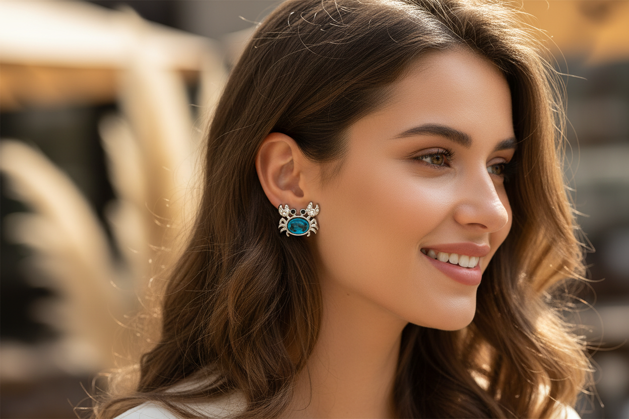 Silver crab stud earring with turquoise oval center and detailed claw-shaped setting