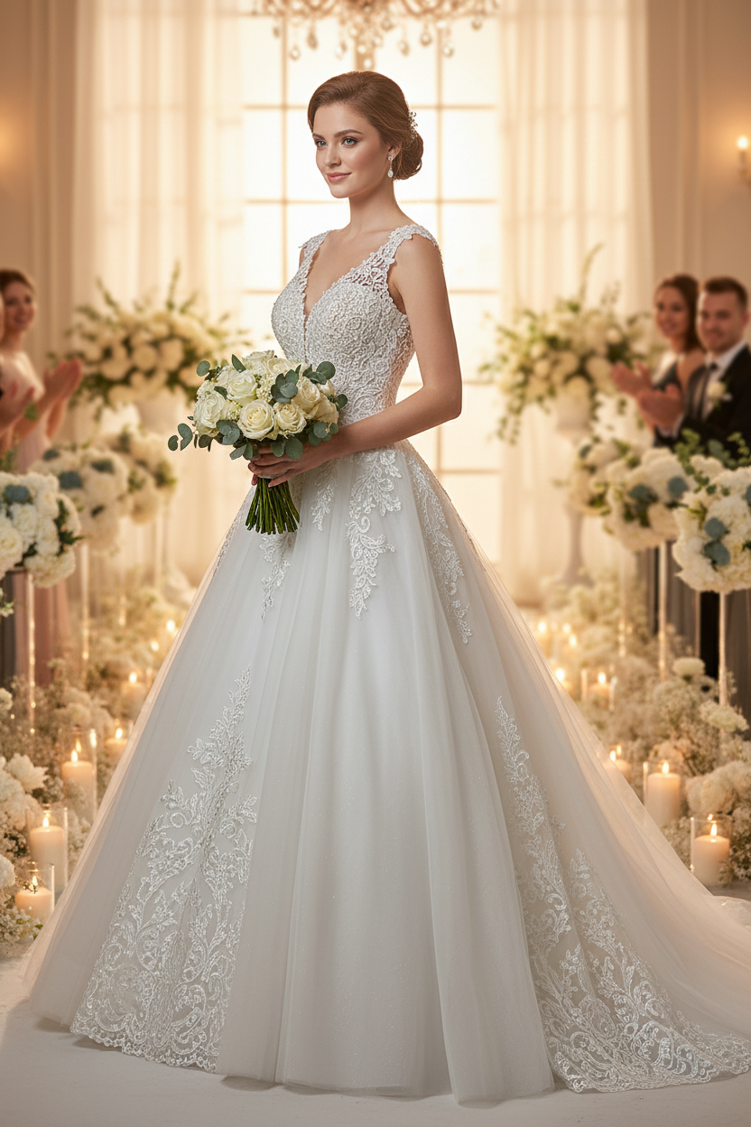 White wedding dress with lace bodice, deep V-neck, and structured full skirt