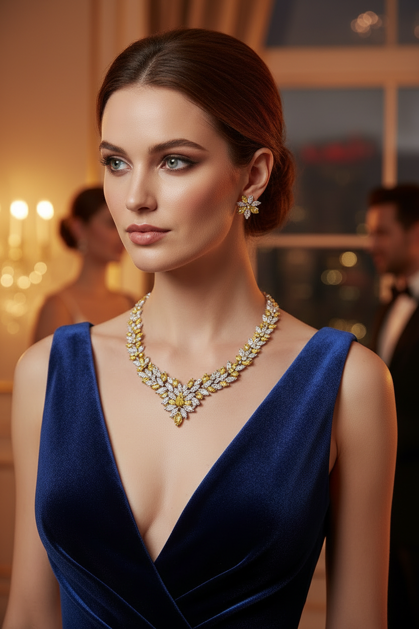 Gold-toned multicolor zircon necklace with matching stud earrings, diamond-like sparkle