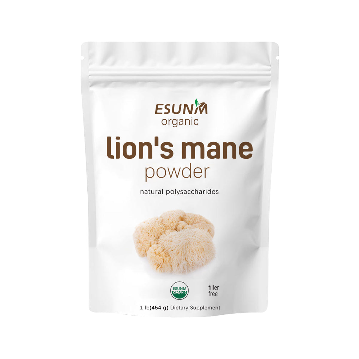 Organic lion's mane powder pouch, ESUN organic logo and front label