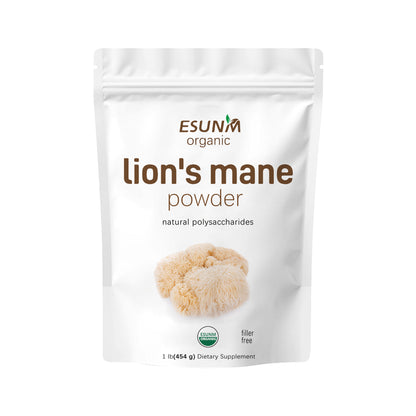 Organic lion's mane powder pouch, ESUN organic logo and front label