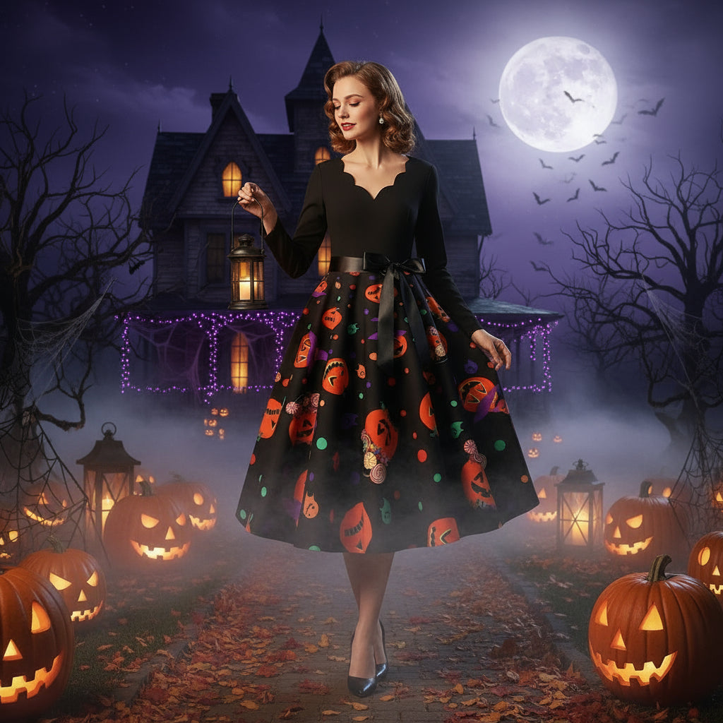 Halloween Burnt Flower V-neck Long-sleeved Sexy Print Big Swing Dress