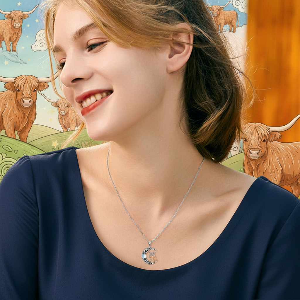 925 sterling silver moonstone cow-and-moon pendant necklace on blue top